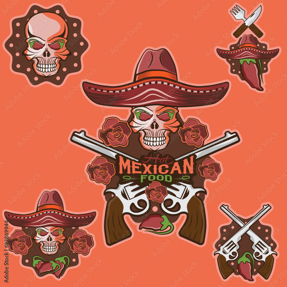 vector skull in a Mexican sombrero with chili peppers,flowers an vector skull in a Mexican sombrero with chili peppers,flowers an