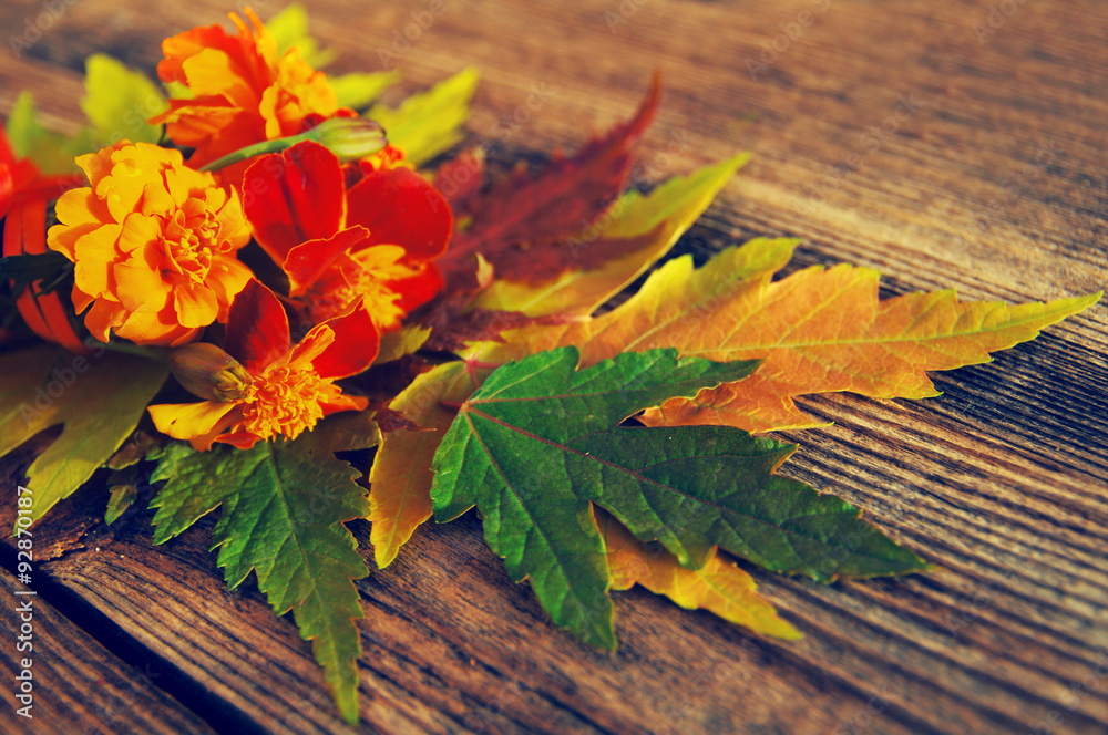 Obraz premium Autumn background with bright autumn flowers and leaves. Autumn flowers and leaves on a textural wooden surface.