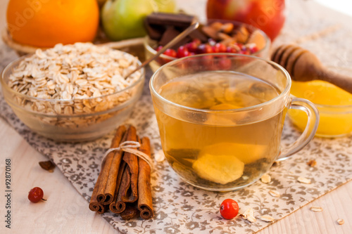 breakfast, oat flakes and tea