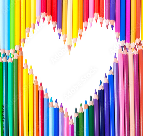 heart of multicolored pencils isolated on white background.