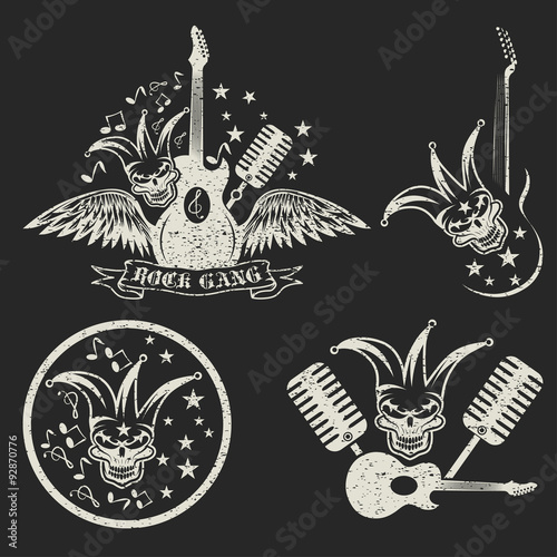 grunge rock gang set with jester skull,wings and guitar