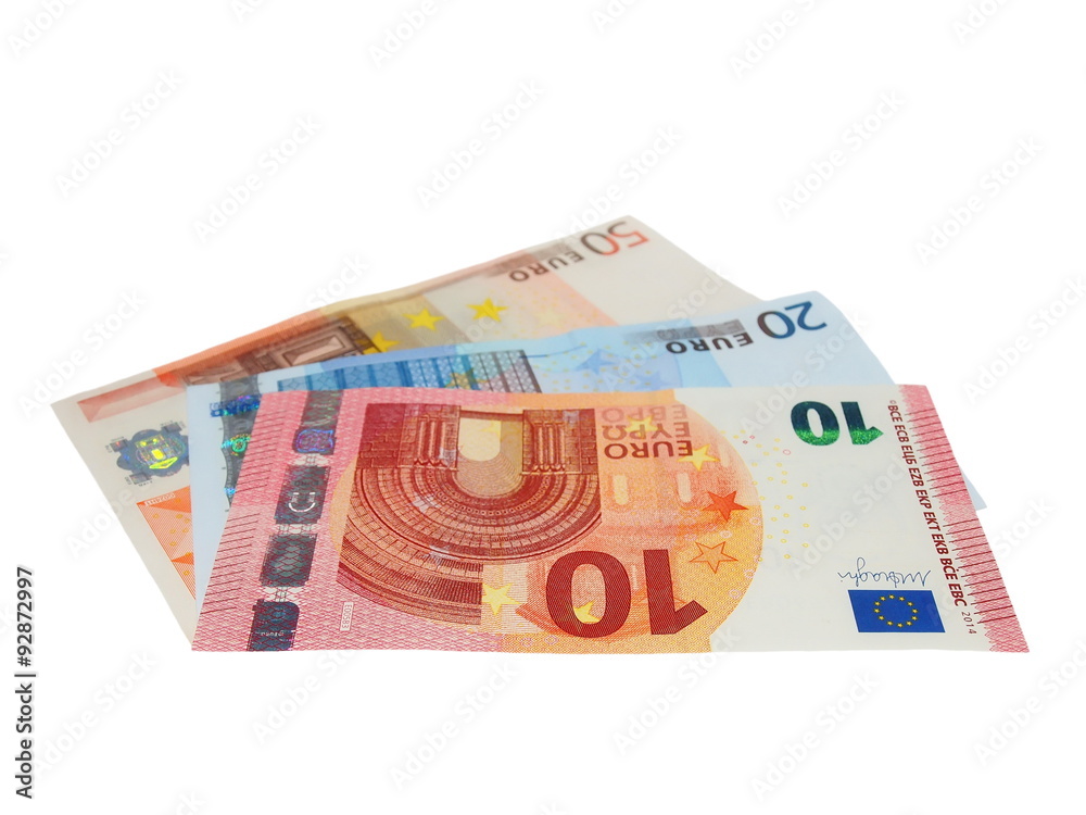 Euro banknotes, twenty, fifty, ten isolated on white with clipping path Euro banknotes, twenty, fifty, ten isolated on white with clipping path
