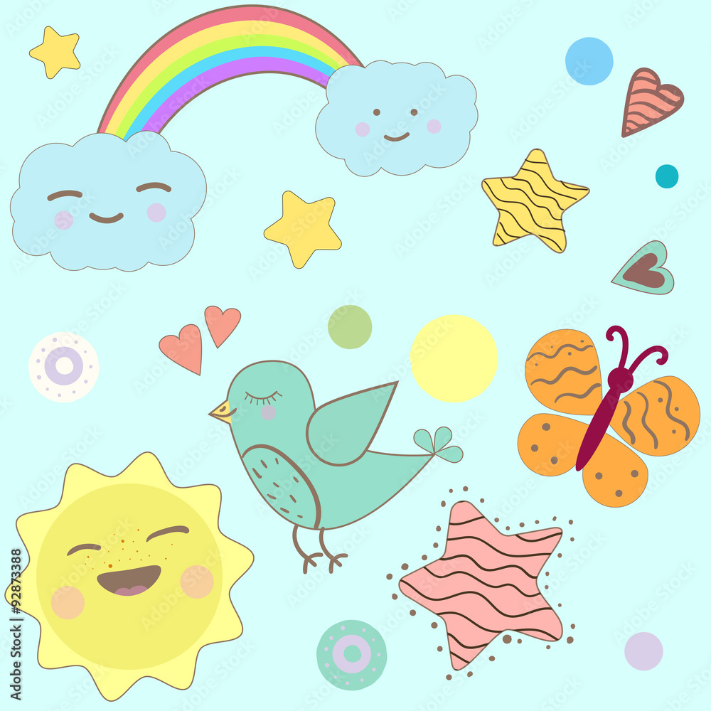Vector doodle childish elements with diferent characters: sun, clouds, butterfly, bird. Cute seamless pattern