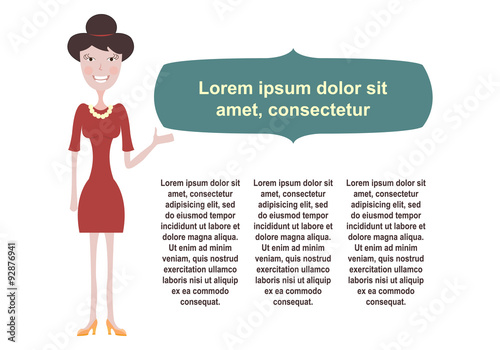 Flat woman in a dress pointing on the information field with the text. 
Blocks with text, text cloud. Flat design

