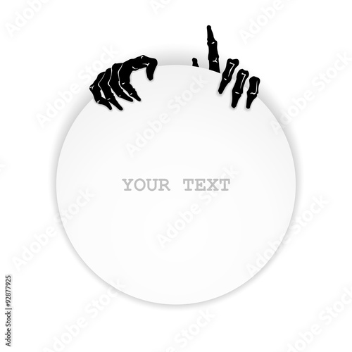 Two hands a zombie sticking out of label. White isolated element design
