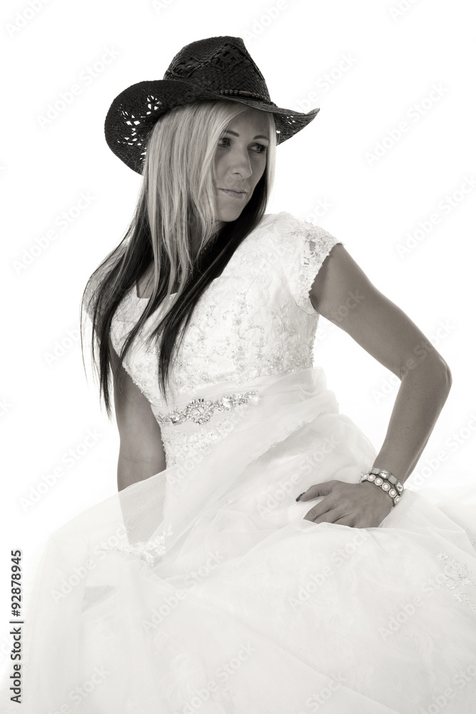 bride in cowboy hat sit look to side bride in cowboy hat sit look to side
