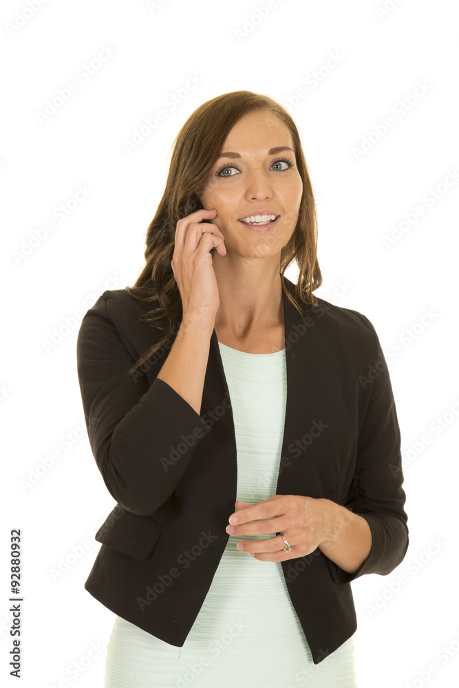 woman black jacket talk on phone woman black jacket talk on phone
