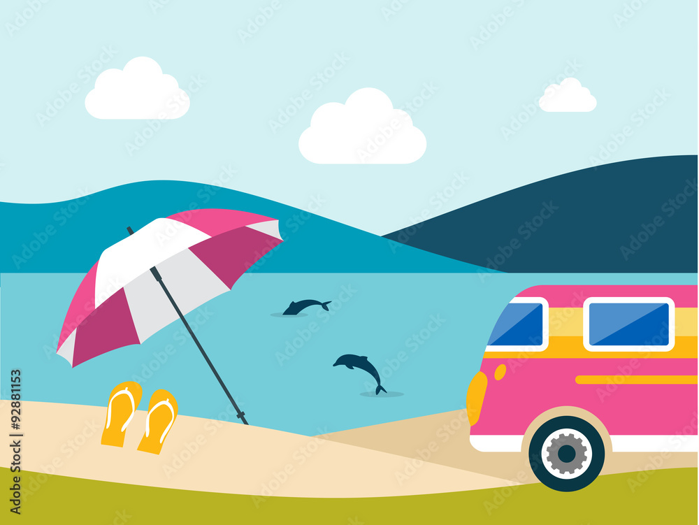 Summer beach with yellow umbrella and van. Flat design.