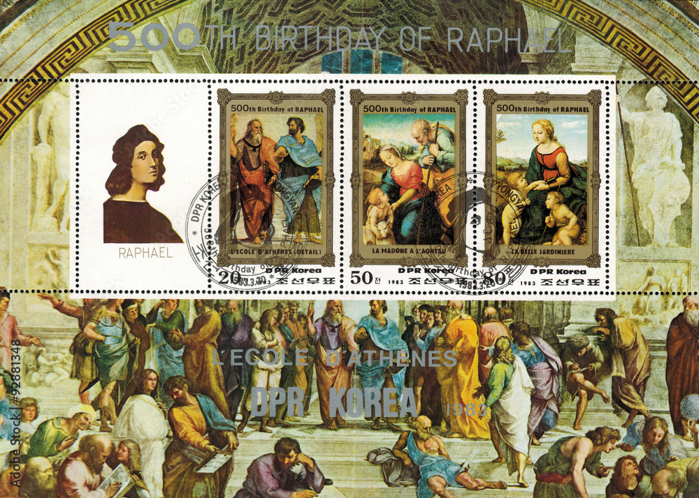 DPR KOREA - CIRCA 1984: mail stamp printed in DPR Korea featuring 500 years since the birth of Raphael. Reproductions of paintings: the school of Athens, Madonna with the lamb, Madonna with babies