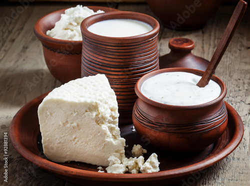 Rural farm dairy products: milk, sheep's cheese, cottage cheese