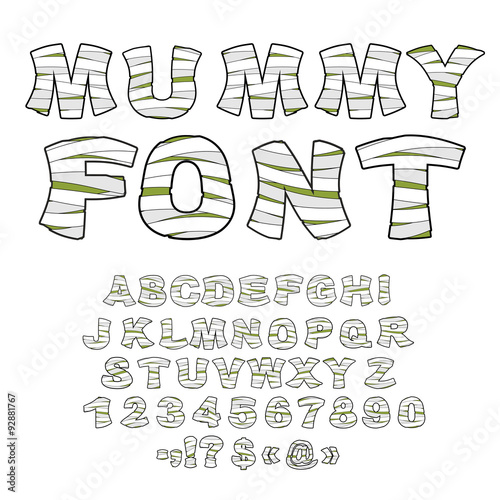 Mummy font. Alphabet in bandages. Monster zombie Letters of  Lat