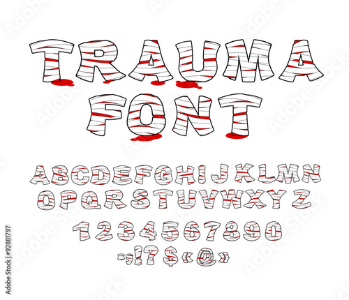 Trauma font. Crippled letters wrapped medical bandages. Traumati