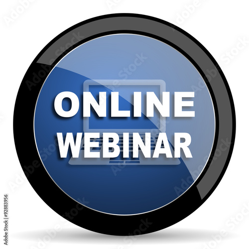 online webinar blue circle glossy web icon on white background, round button for internet and mobile app
