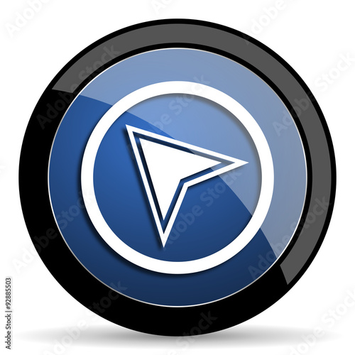 navigation blue circle glossy web icon on white background, round button for internet and mobile app