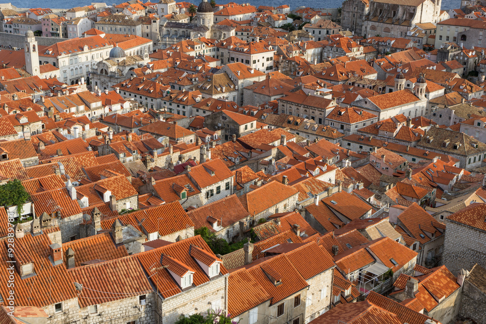 Red roofs in the Old Town in Dubrovnik, Croatia, viewed from above.