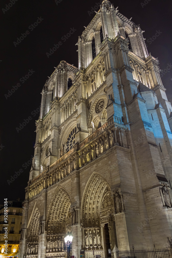 Fototapeta premium The cathedral Notre Dame at night , Paris, France.
