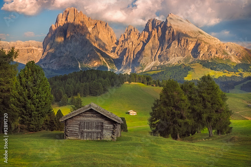 Seiser Alm with Langkofel group, South Tyrol, Dolomites, Italy photo