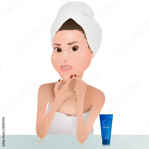 Woman Squeeze Pimple / Woman with a towel on the head after shower or bath. She squeeze out pimples. In front of she is a blue tube with the inscription clean skin.