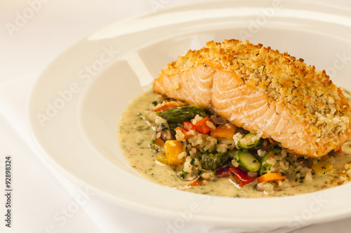 horseradish-dill crusted Scottish salmon with whole-grain mustard