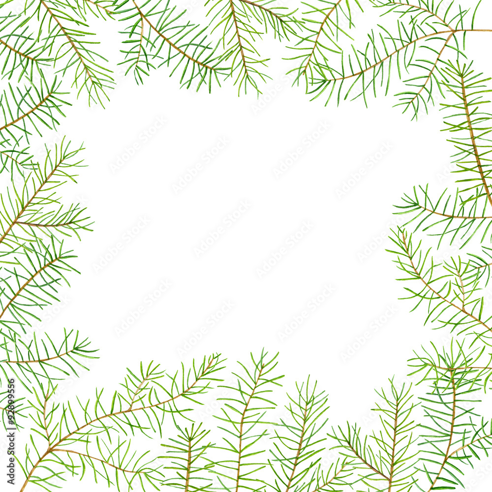 Green watercolor frame pine branches