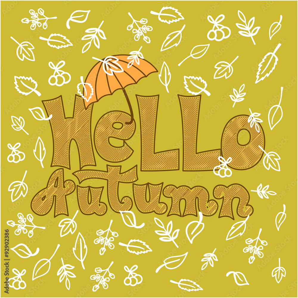Hello Autumn typographic. Hello autumn lettering card. Vector Autumn hand Lettering.