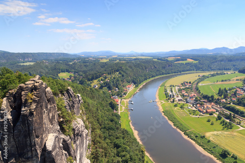 Panorama view from rocks Bastei to river Elbe and Rathen, Saxon Switzerland