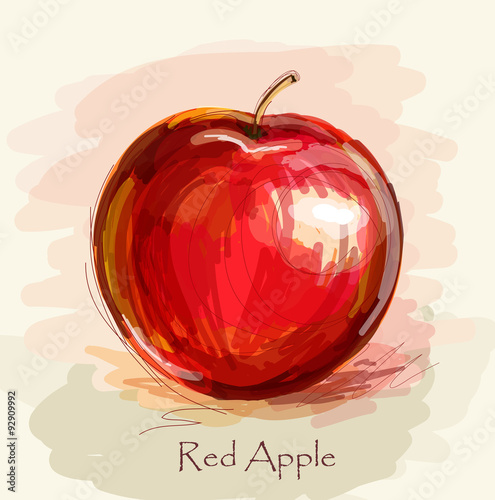 Vector sketch of red apple in watercolor technique