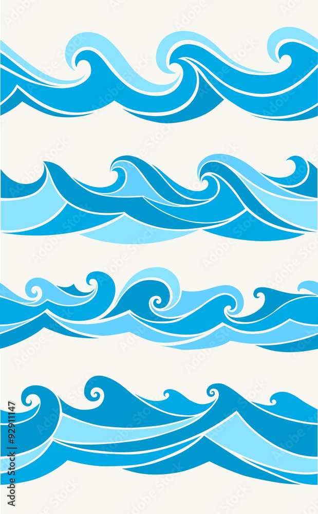 Obraz premium Set of seamless patterns with stylized waves blue shades