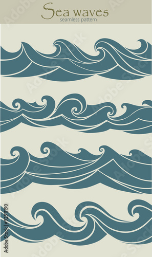 Set of seamless patterns with stylized waves blue shades © orhideia