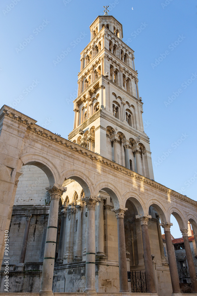 Cathedral of Saint Domnius' bell tower at the Diocletian's Palace in Split, Croatia in the morning.