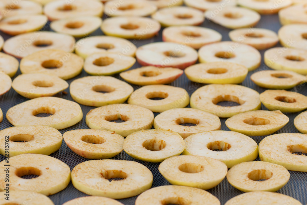 Fresh apple chips rings ready for drying outdoor.