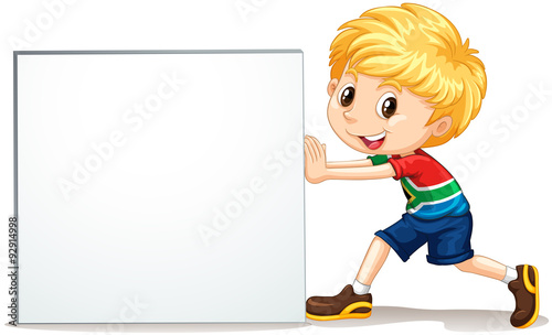 Little boy pushing blank sign