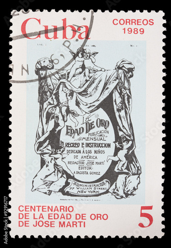 Postage stamp printed in Cuba shows the cover of the the Golden Age  the book of Jose Martis