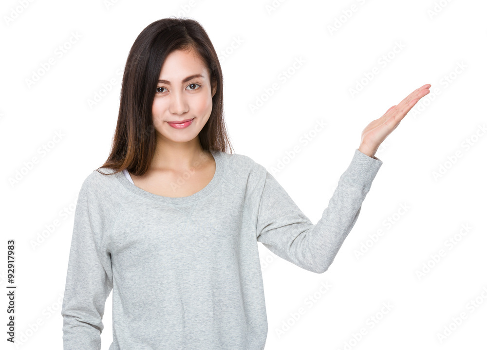 Woman with hand showing blank sign Woman with hand showing blank sign