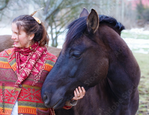 portrait woman and horse in outdoor
