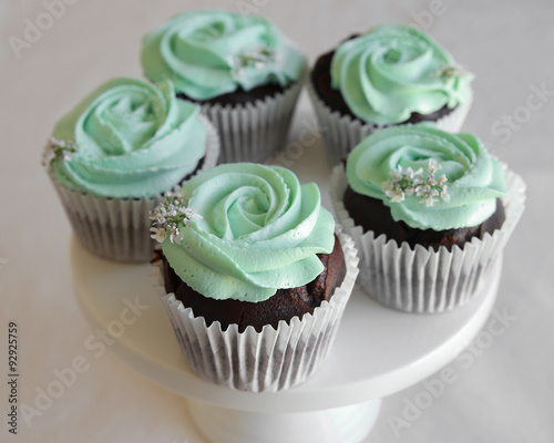 Homemade chocolate cupcake with turquoise rose frosting
