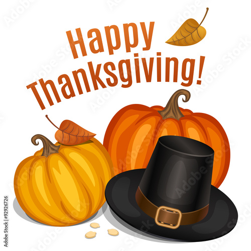 Happy Thanksgiving card, poster, background with piligrim hat 