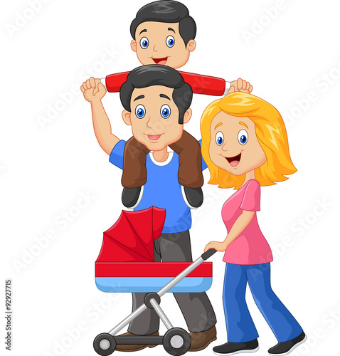 Father giving his son piggyback ride with mother pushing baby carriage