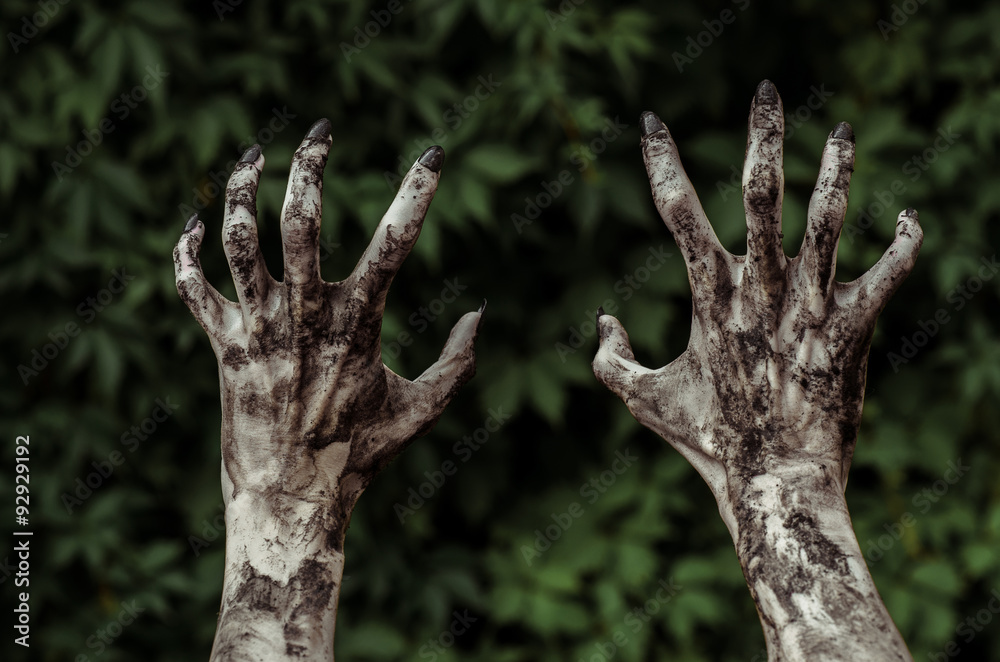 Horror and Halloween theme: Terrible zombie hands dirty with black nails reaches for green leaves, walking dead apocalypse, first-person view