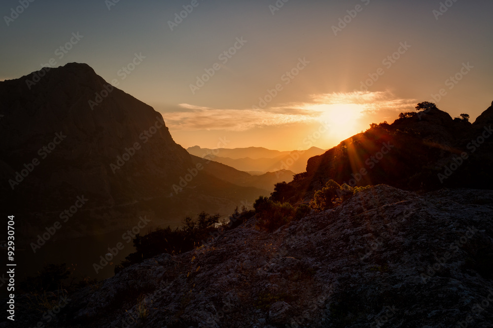 Beautiful sunrise over the Green bay from the mountain the Eagle (Coba Kaya) in the settlement the New Light, Crimea