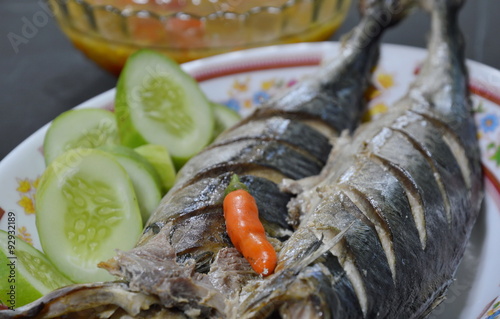 long tail tuna steamed on dish photo