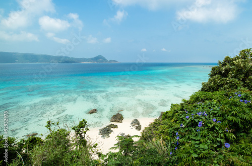 Tropical paradise island beach lagoon and white sand beach full of beautiful clear blue turquoise water in Amami Oshima, Kagoshima, Okinawa, Tropical Japan during Summer vacation © samspicerphoto