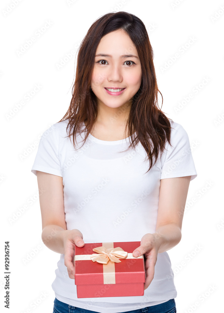 Asian young woman hold with prsent box Asian young woman hold with prsent box