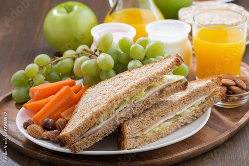 lunch with sandwiches, drinks and fruit