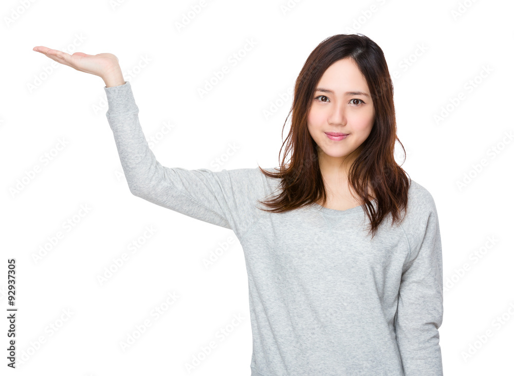 Asian woman with hand showing blank sign Asian woman with hand showing blank sign