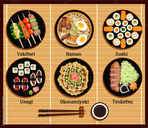 Japanese Cuisine Set Dishes Flat Style