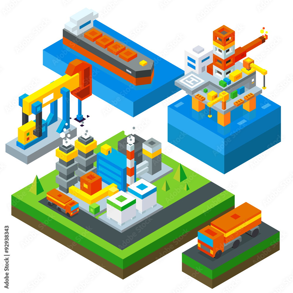 Petroleum extraction industry. Sea oil rig, drill tower, gasoline tank, oil tanker. oil refinery, Isometric flat vector illustration set. Vector stock.