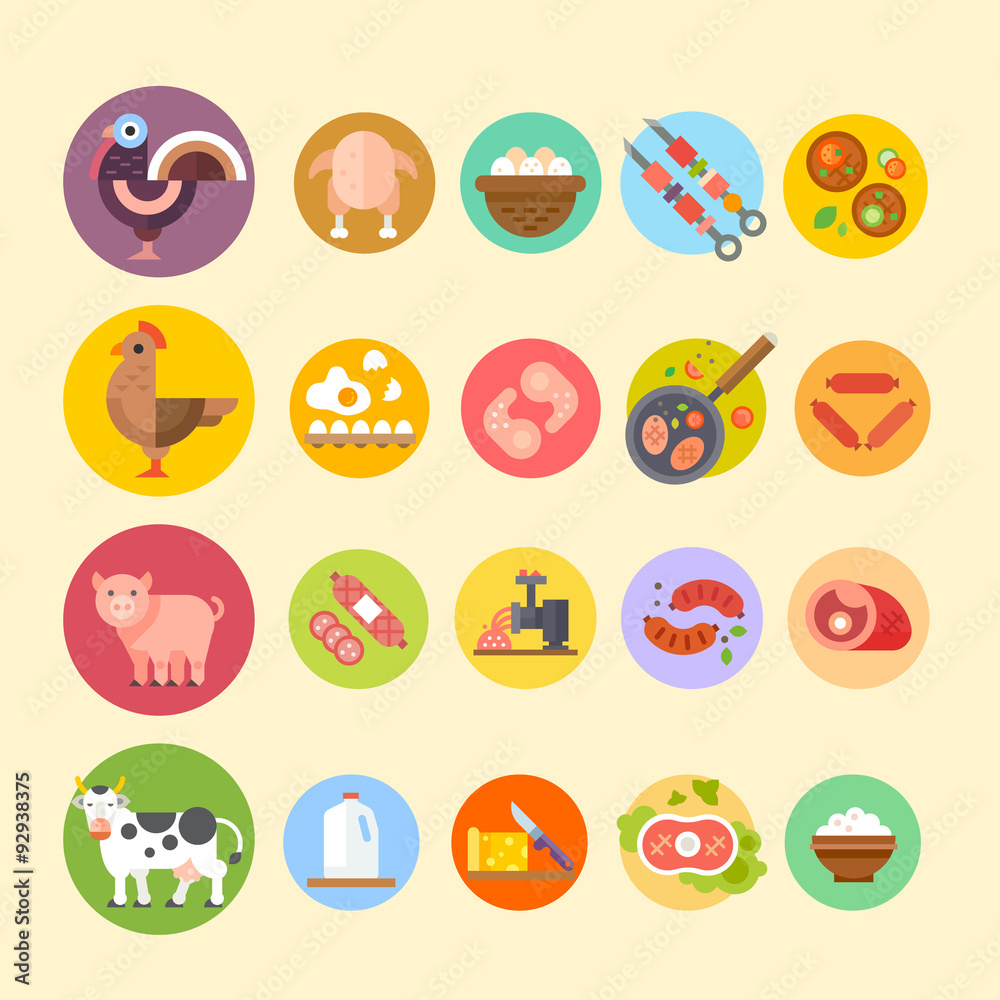 Farm animals and products made out of them: turkey, chicken, cow, pig, eggs, beefsteaks, sausages, milk, cheese, cottage cheese. Flat Vector illustration. Stock Vector. Farm animals and products made out of them: turkey, chicken, cow, pig, eggs, beefsteaks, sausages, milk, cheese, cottage cheese. Flat Vector illustration. Stock Vector.