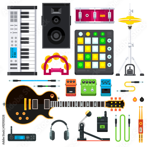 Rock and pop music instruments: guitar, cables, keyboard, synthesizer, hihats, drum pedal, guitar strap, speakers, headphones, guitar pedals, drum, tambourine. Flat vector isolated illustration set.