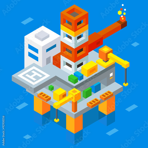 Petroleum extraction. Sea oil rig. Isometric flat vector illustration. Stock vector.